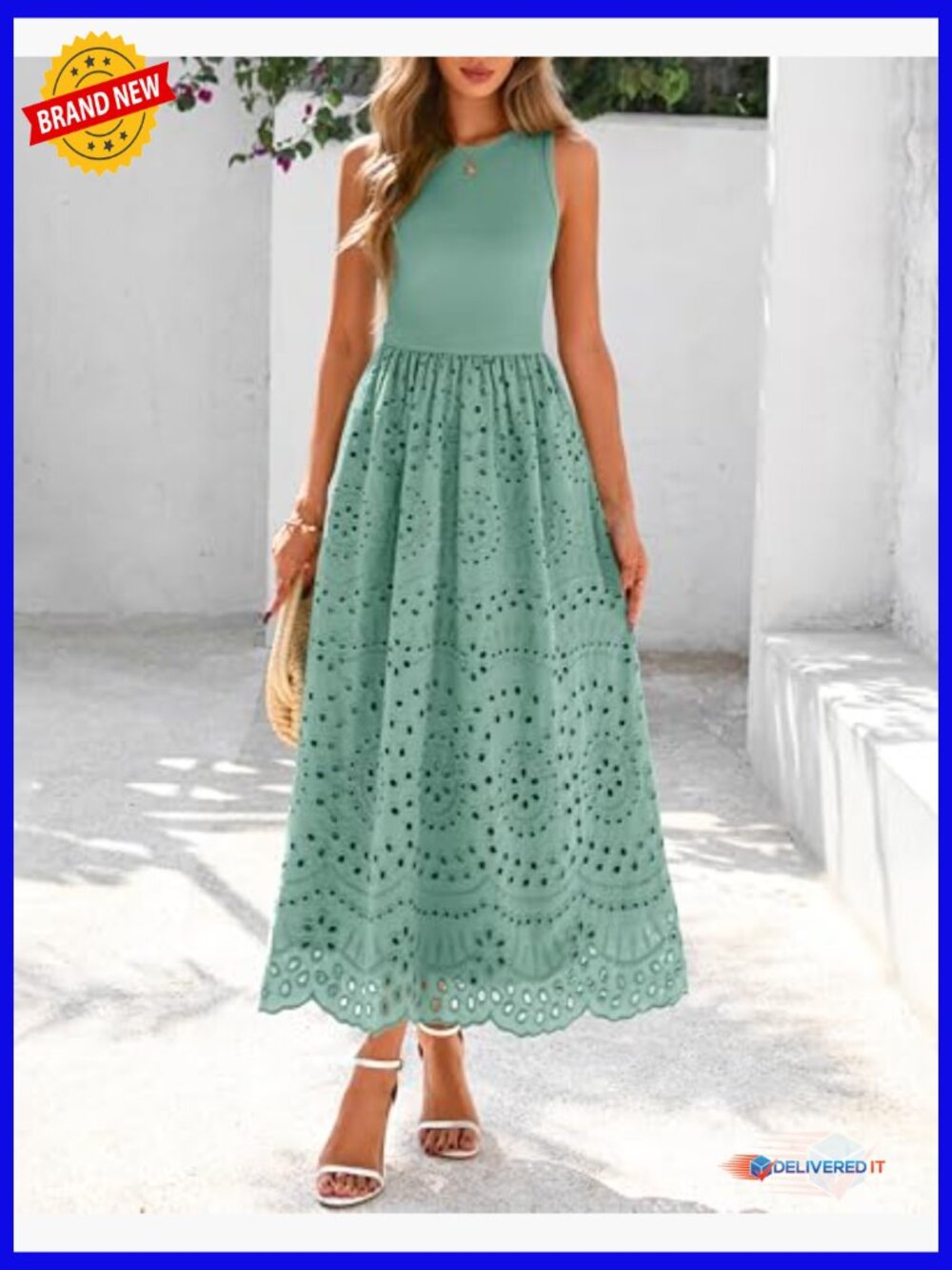 Sleeveless Crewneck A-Line Boho Lace Eyelet Cotton Tank Maxi Dress with Pockets - Picture 3 of 7